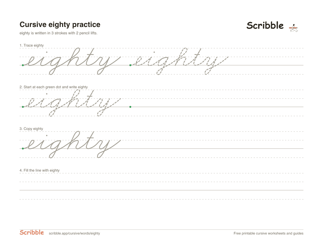 Preview of the printable eighty in cursive worksheet: trace, copy, and practice rows