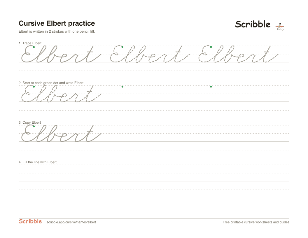 Preview of the printable Elbert in cursive worksheet: trace, copy, and practice rows