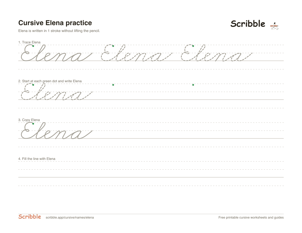Preview of the printable Elena in cursive worksheet: trace, copy, and practice rows