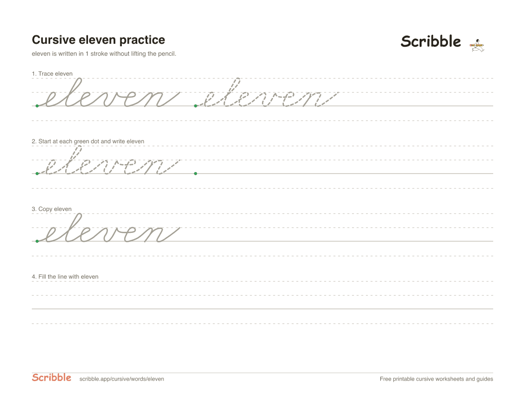 Preview of the printable eleven in cursive worksheet: trace, copy, and practice rows