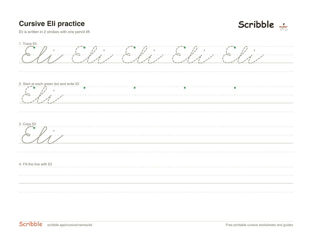 Preview of the printable Eli in cursive worksheet: trace, copy, and practice rows