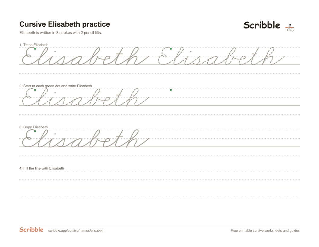 Preview of the printable Elisabeth in cursive worksheet: trace, copy, and practice rows