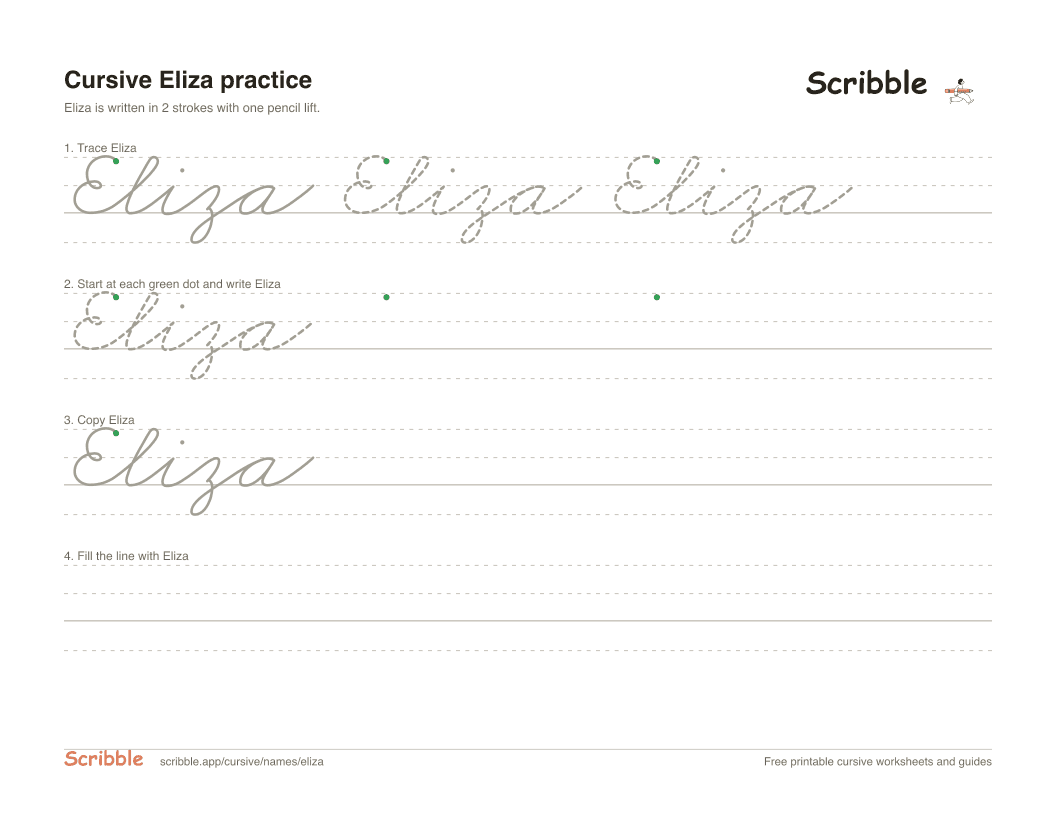 Preview of the printable Eliza in cursive worksheet: trace, copy, and practice rows