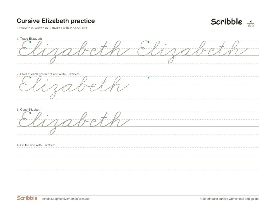 Preview of the printable Elizabeth in cursive worksheet: trace, copy, and practice rows