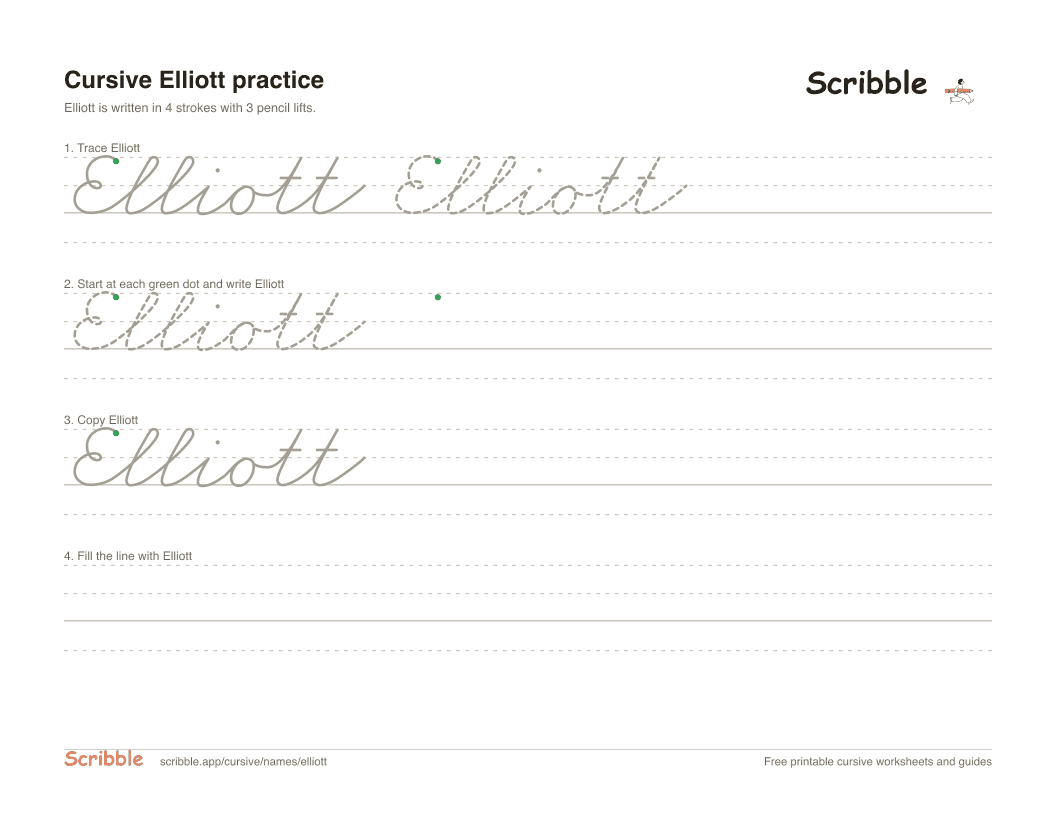 Preview of the printable Elliott in cursive worksheet: trace, copy, and practice rows