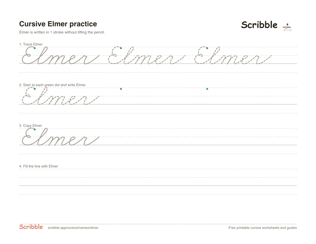 Preview of the printable Elmer in cursive worksheet: trace, copy, and practice rows