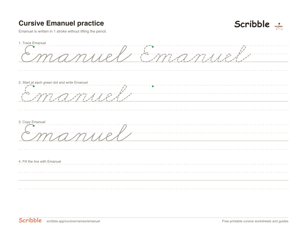 Preview of the printable Emanuel in cursive worksheet: trace, copy, and practice rows