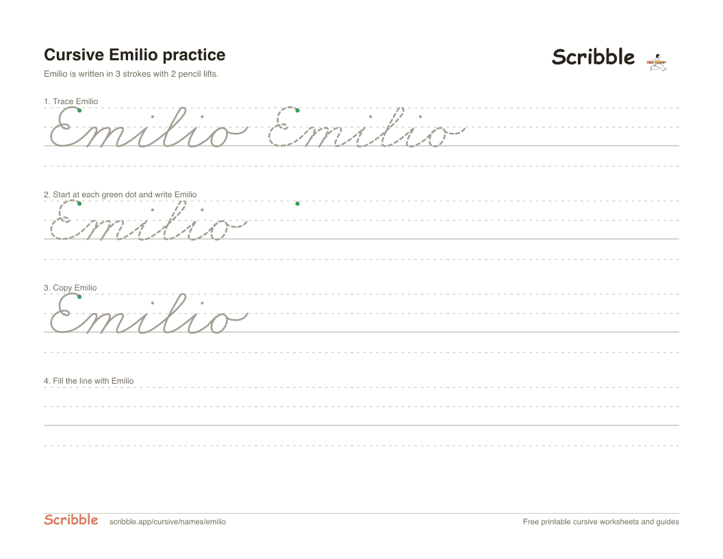 Preview of the printable Emilio in cursive worksheet: trace, copy, and practice rows