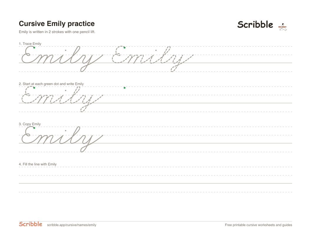Preview of the printable Emily in cursive worksheet: trace, copy, and practice rows