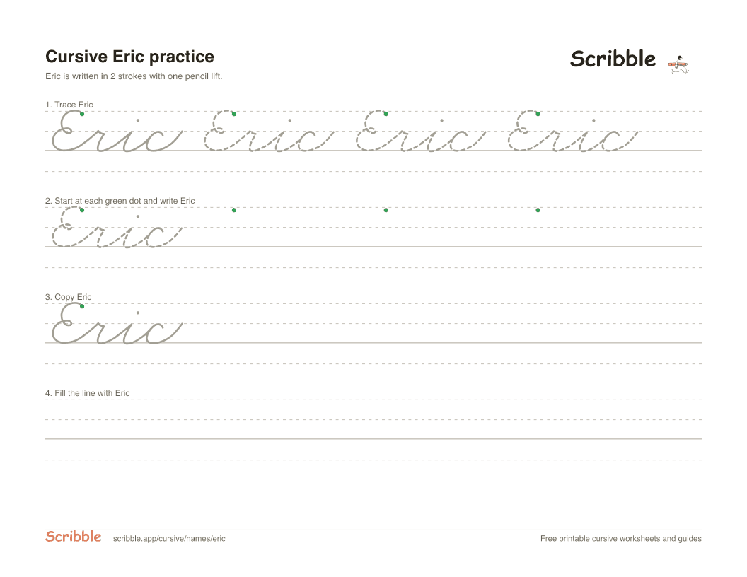Preview of the printable Eric in cursive worksheet: trace, copy, and practice rows