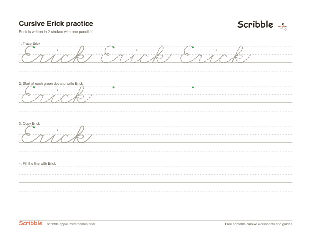 Preview of the printable Erick in cursive worksheet: trace, copy, and practice rows