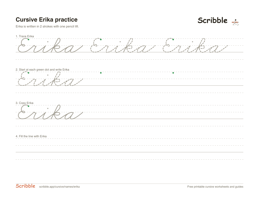 Preview of the printable Erika in cursive worksheet: trace, copy, and practice rows