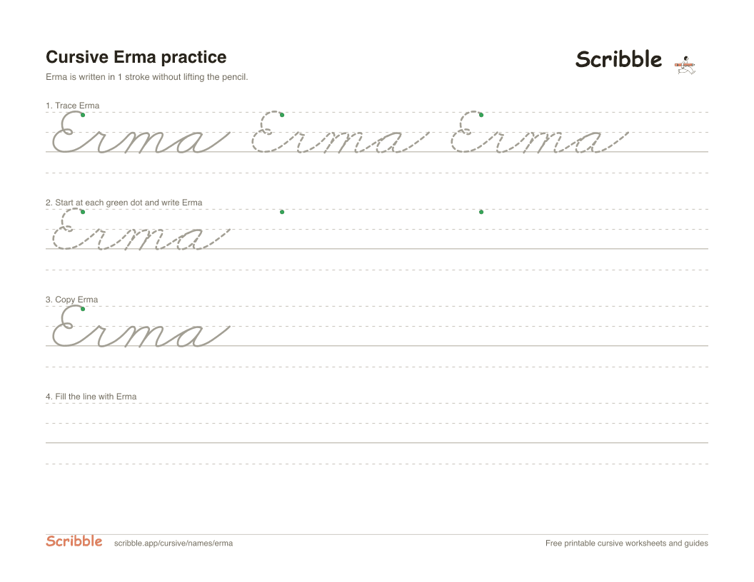 Preview of the printable Erma in cursive worksheet: trace, copy, and practice rows