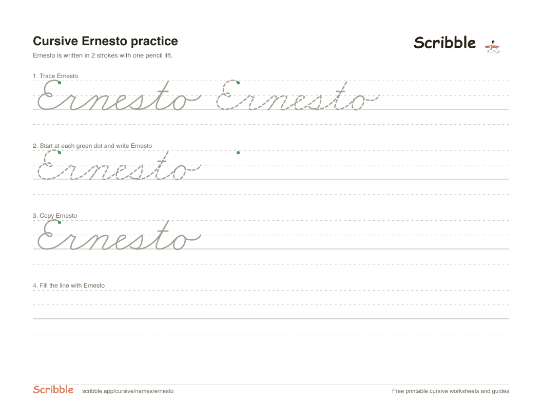 Preview of the printable Ernesto in cursive worksheet: trace, copy, and practice rows