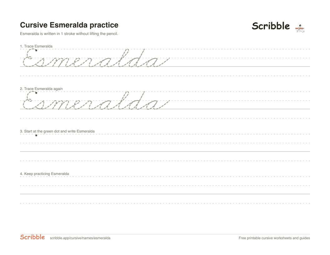 Preview of the printable Esmeralda in cursive worksheet: trace, copy, and practice rows