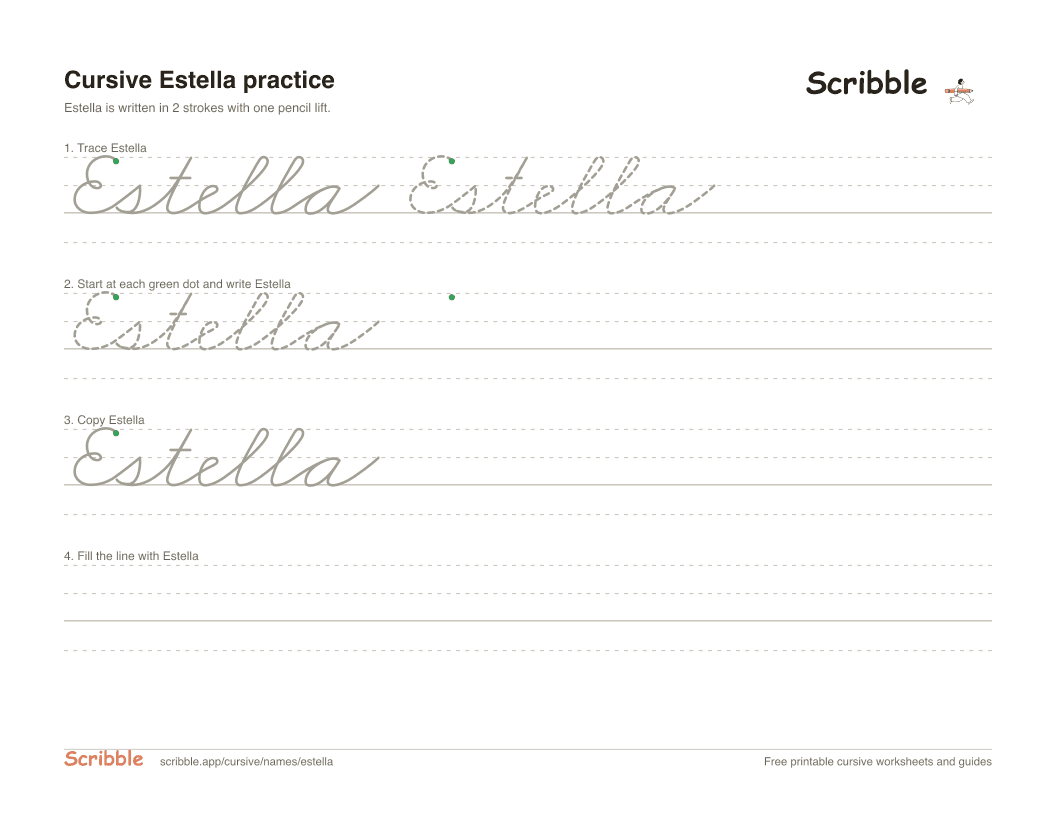 Preview of the printable Estella in cursive worksheet: trace, copy, and practice rows