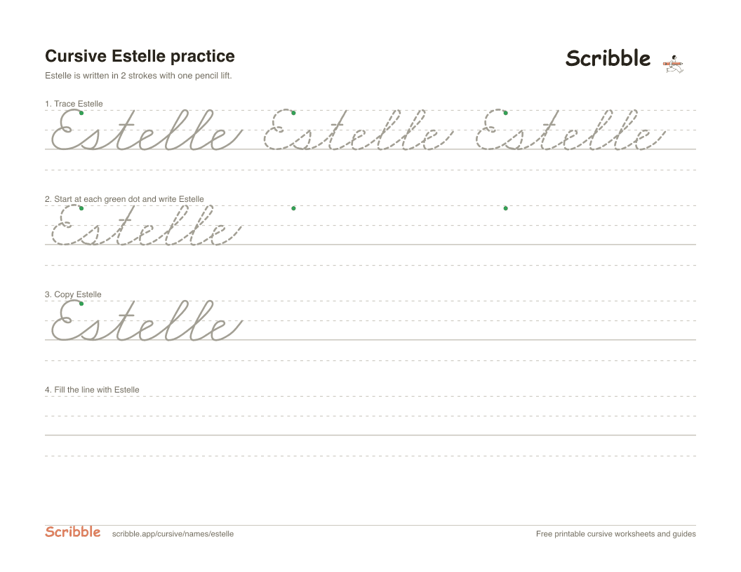 Preview of the printable Estelle in cursive worksheet: trace, copy, and practice rows