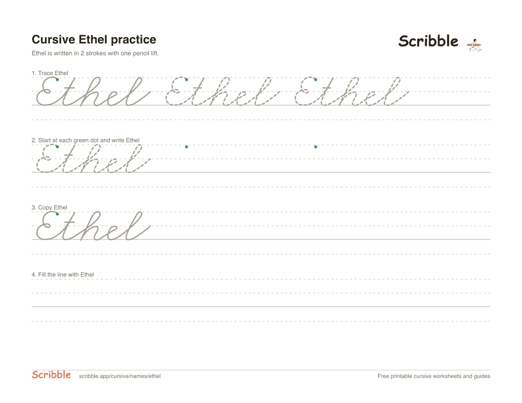 Preview of the printable Ethel in cursive worksheet: trace, copy, and practice rows