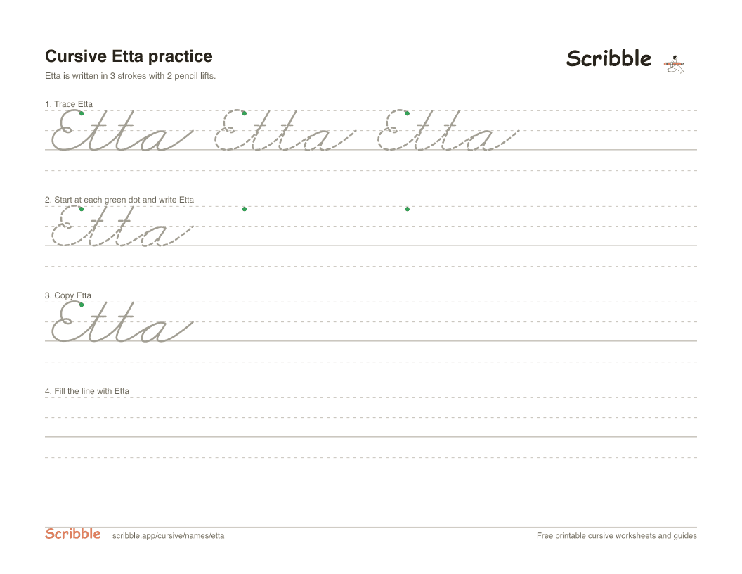 Preview of the printable Etta in cursive worksheet: trace, copy, and practice rows