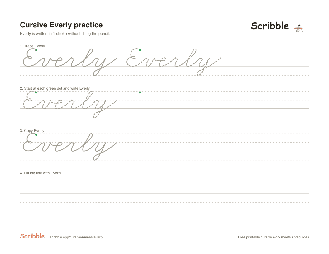 Preview of the printable Everly in cursive worksheet: trace, copy, and practice rows