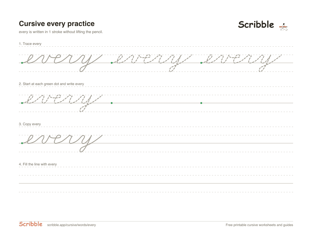 Preview of the printable every in cursive worksheet: trace, copy, and practice rows