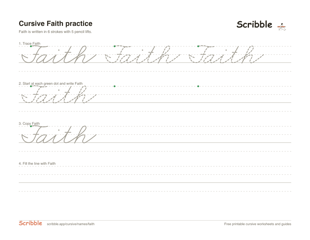 Preview of the printable Faith in cursive worksheet: trace, copy, and practice rows