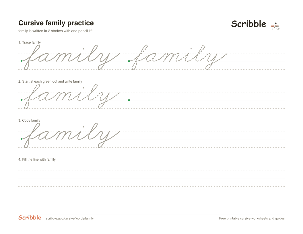 Preview of the printable family in cursive worksheet: trace, copy, and practice rows