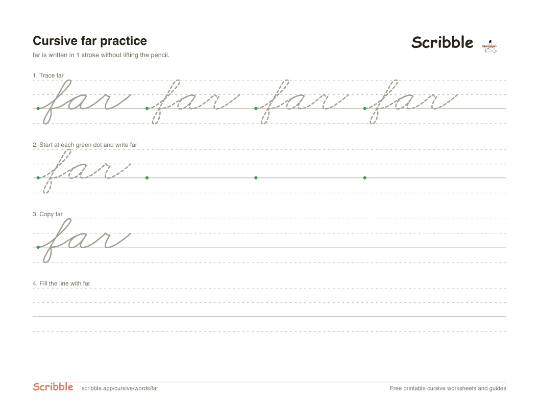 Preview of the printable far in cursive worksheet: trace, copy, and practice rows