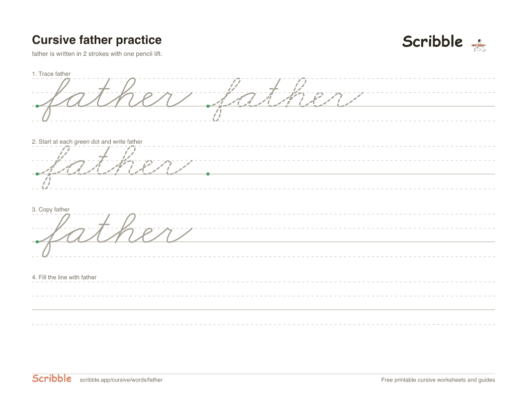 Preview of the printable father in cursive worksheet: trace, copy, and practice rows