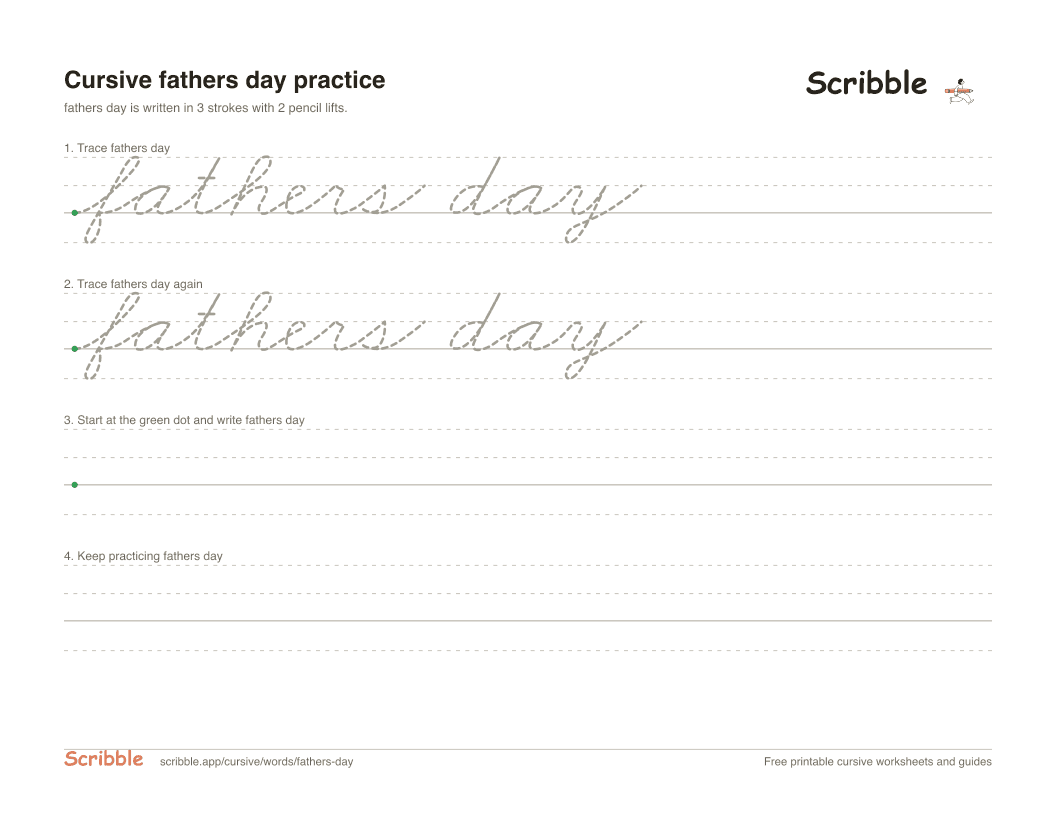 Preview of the printable fathers day in cursive worksheet: trace, copy, and practice rows