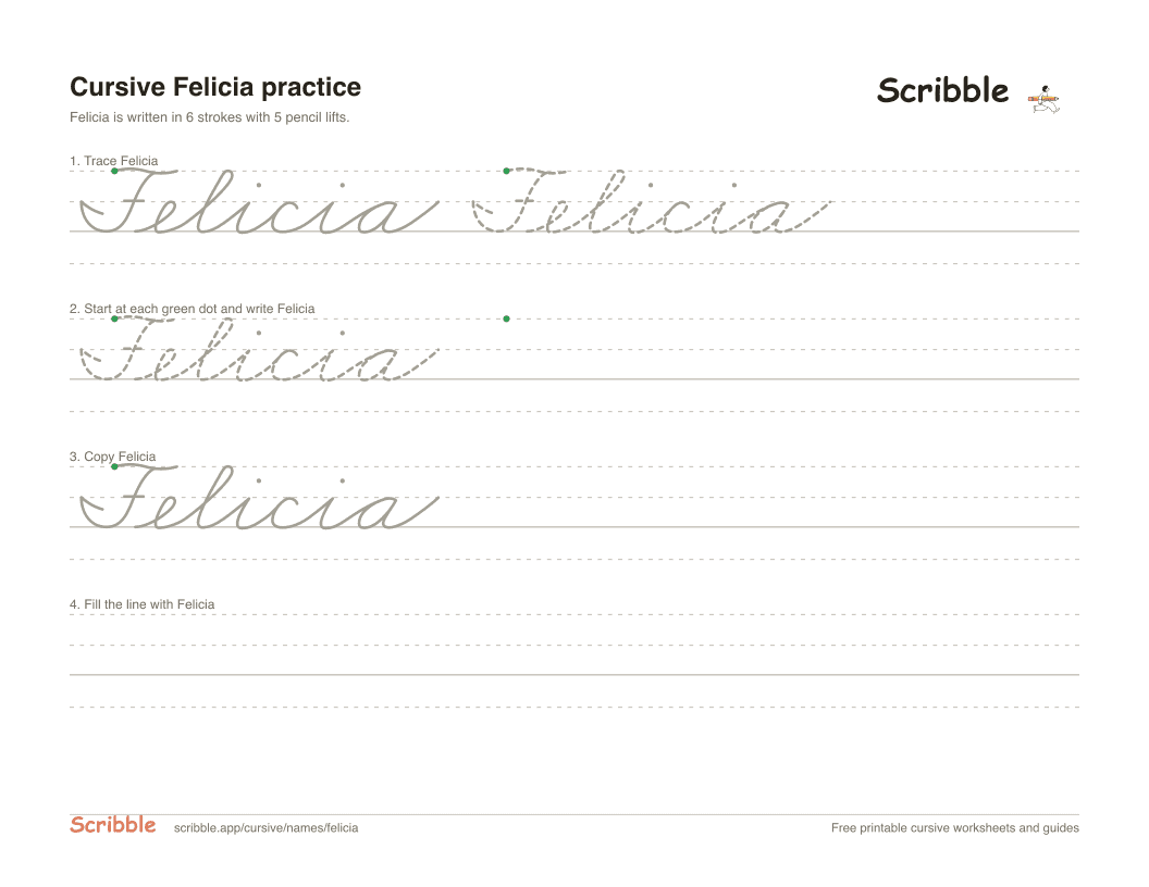 Preview of the printable Felicia in cursive worksheet: trace, copy, and practice rows