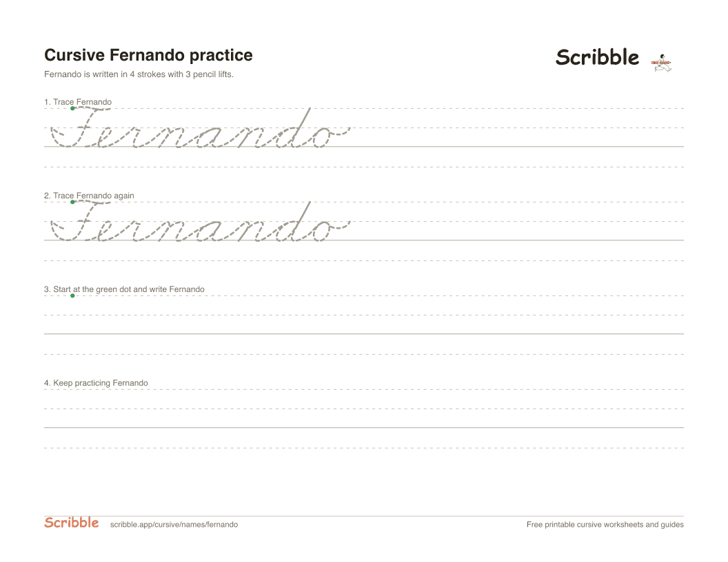 Preview of the printable Fernando in cursive worksheet: trace, copy, and practice rows
