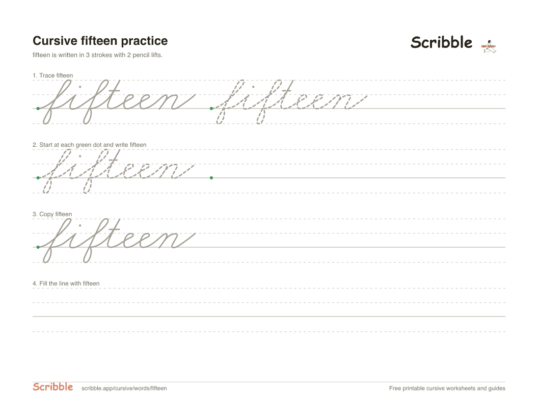Preview of the printable fifteen in cursive worksheet: trace, copy, and practice rows