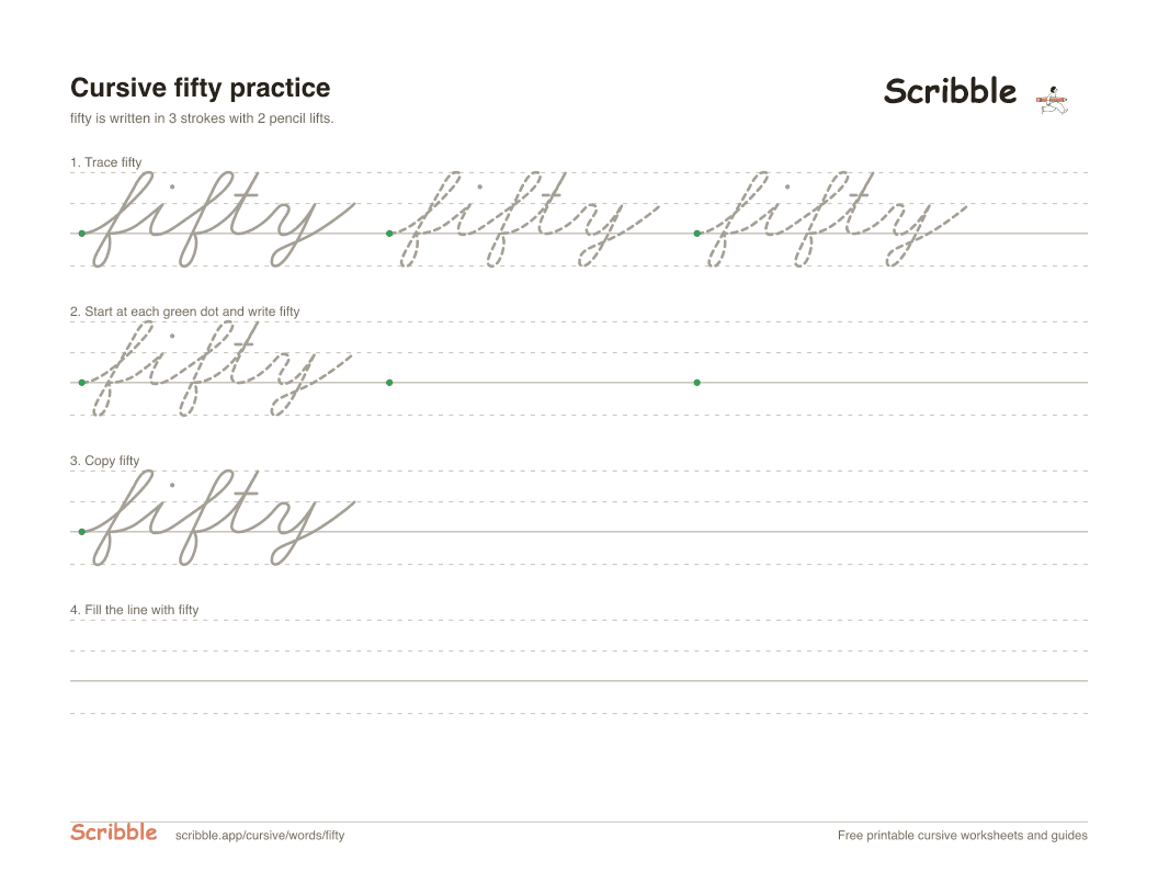 Preview of the printable fifty in cursive worksheet: trace, copy, and practice rows