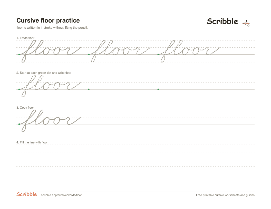 Preview of the printable floor in cursive worksheet: trace, copy, and practice rows