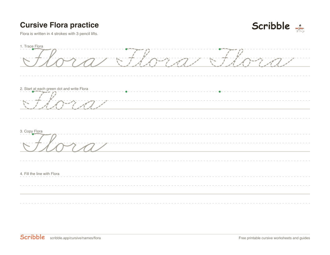 Preview of the printable Flora in cursive worksheet: trace, copy, and practice rows
