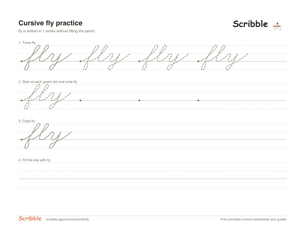 Preview of the printable fly in cursive worksheet: trace, copy, and practice rows
