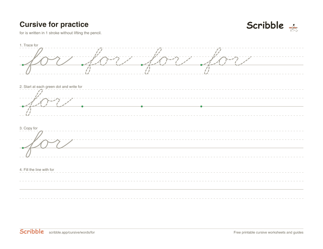 Preview of the printable for in cursive worksheet: trace, copy, and practice rows
