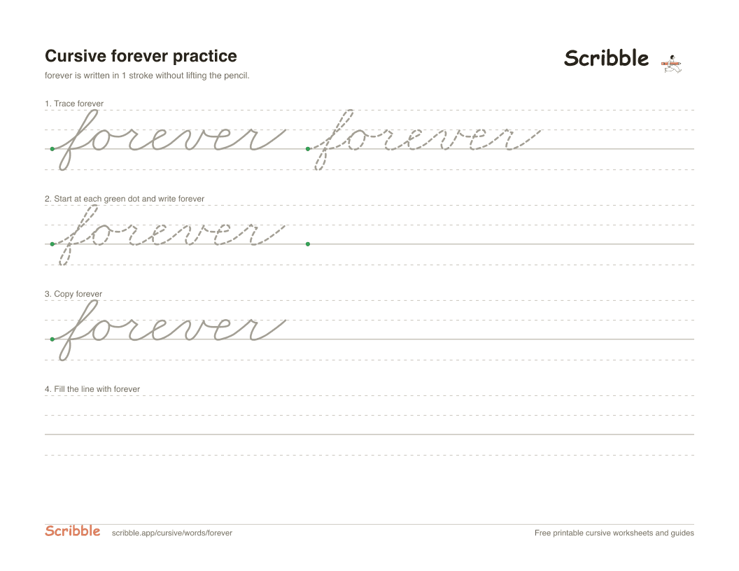 Preview of the printable forever in cursive worksheet: trace, copy, and practice rows
