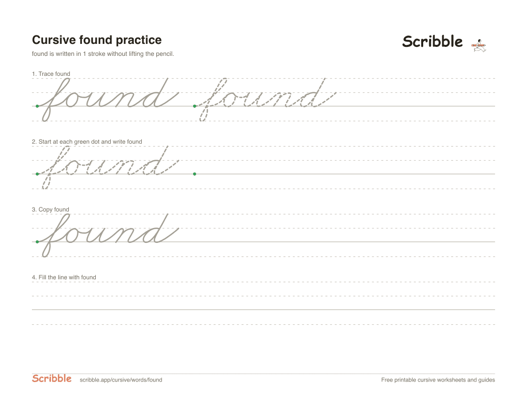 Preview of the printable found in cursive worksheet: trace, copy, and practice rows