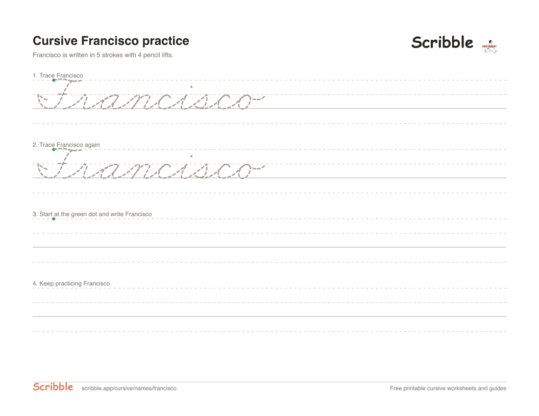 Preview of the printable Francisco in cursive worksheet: trace, copy, and practice rows