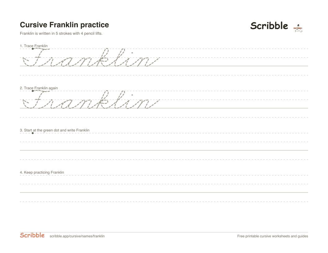 Preview of the printable Franklin in cursive worksheet: trace, copy, and practice rows