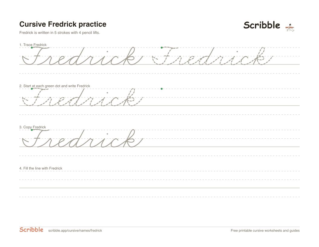 Preview of the printable Fredrick in cursive worksheet: trace, copy, and practice rows