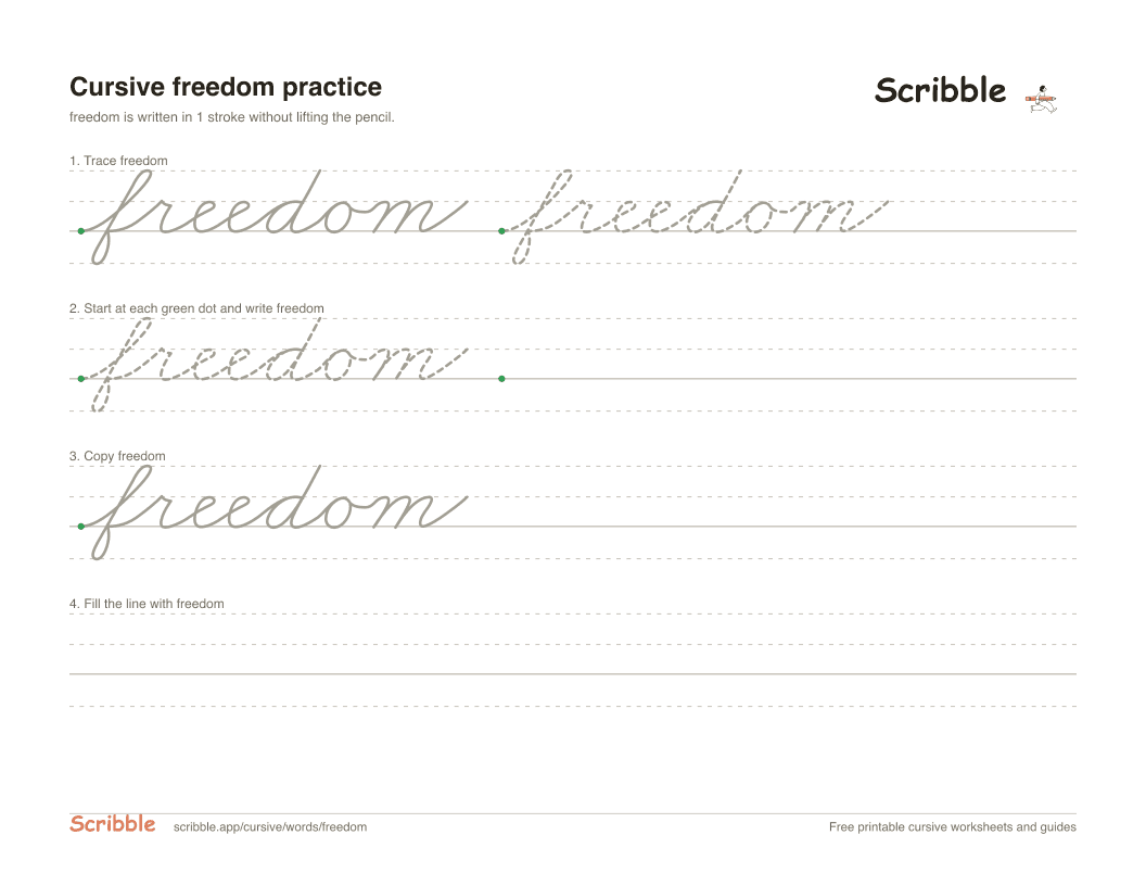 Preview of the printable freedom in cursive worksheet: trace, copy, and practice rows