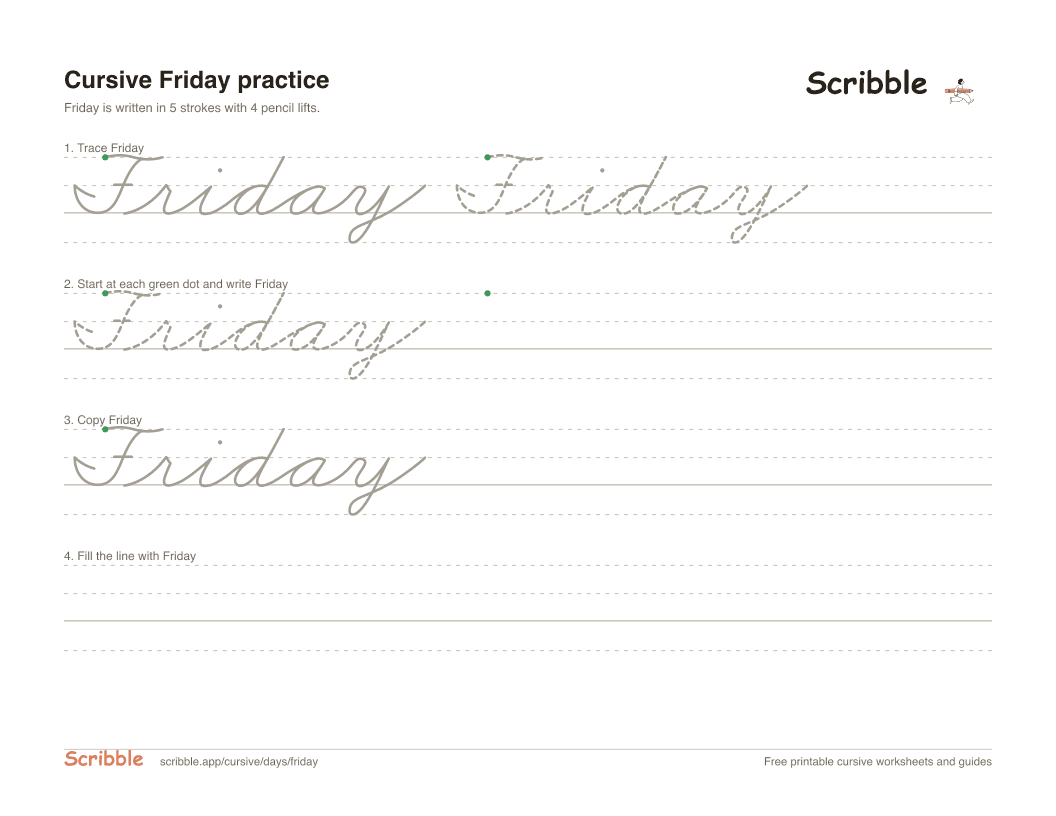 Preview of the printable Friday in cursive worksheet: trace, copy, and practice rows