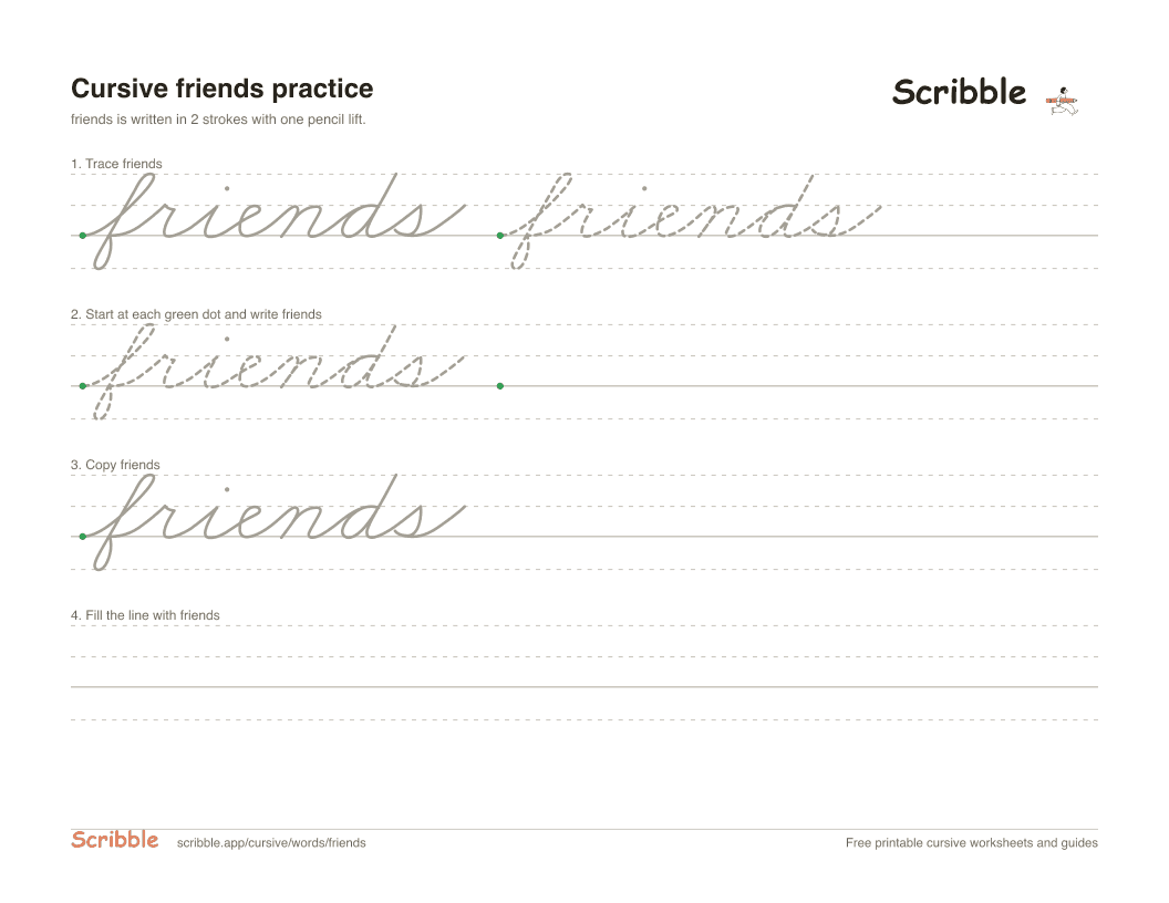 Preview of the printable friends in cursive worksheet: trace, copy, and practice rows