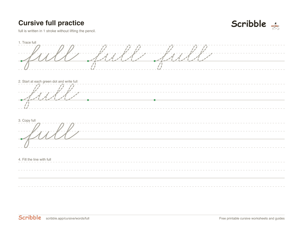 Preview of the printable full in cursive worksheet: trace, copy, and practice rows