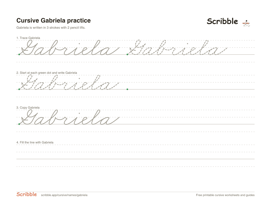 Preview of the printable Gabriela in cursive worksheet: trace, copy, and practice rows