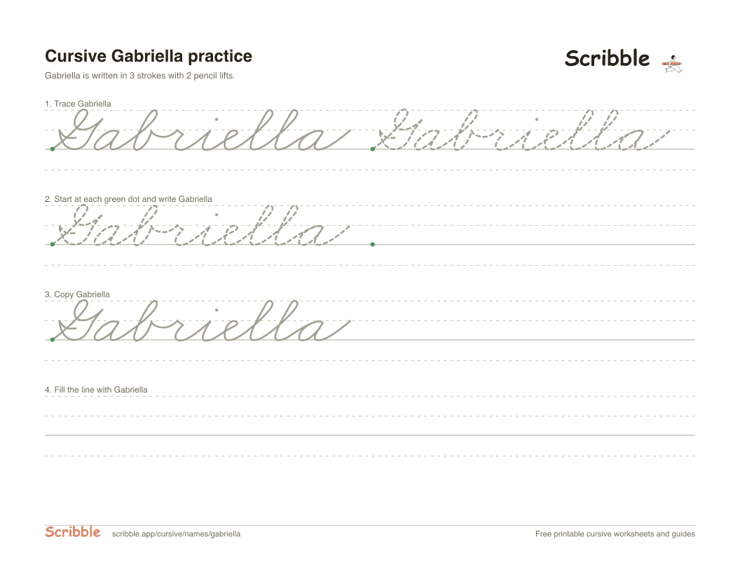 Preview of the printable Gabriella in cursive worksheet: trace, copy, and practice rows