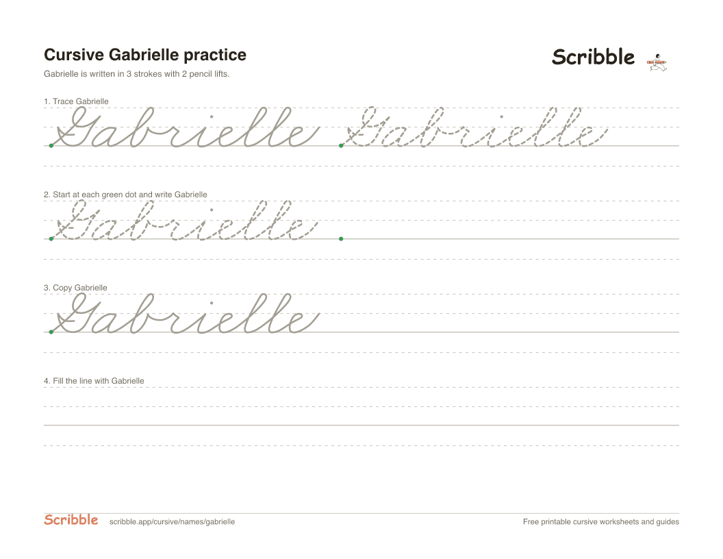 Preview of the printable Gabrielle in cursive worksheet: trace, copy, and practice rows